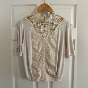 Anthropologie Tiny Cream Lace High Neck Blouse L